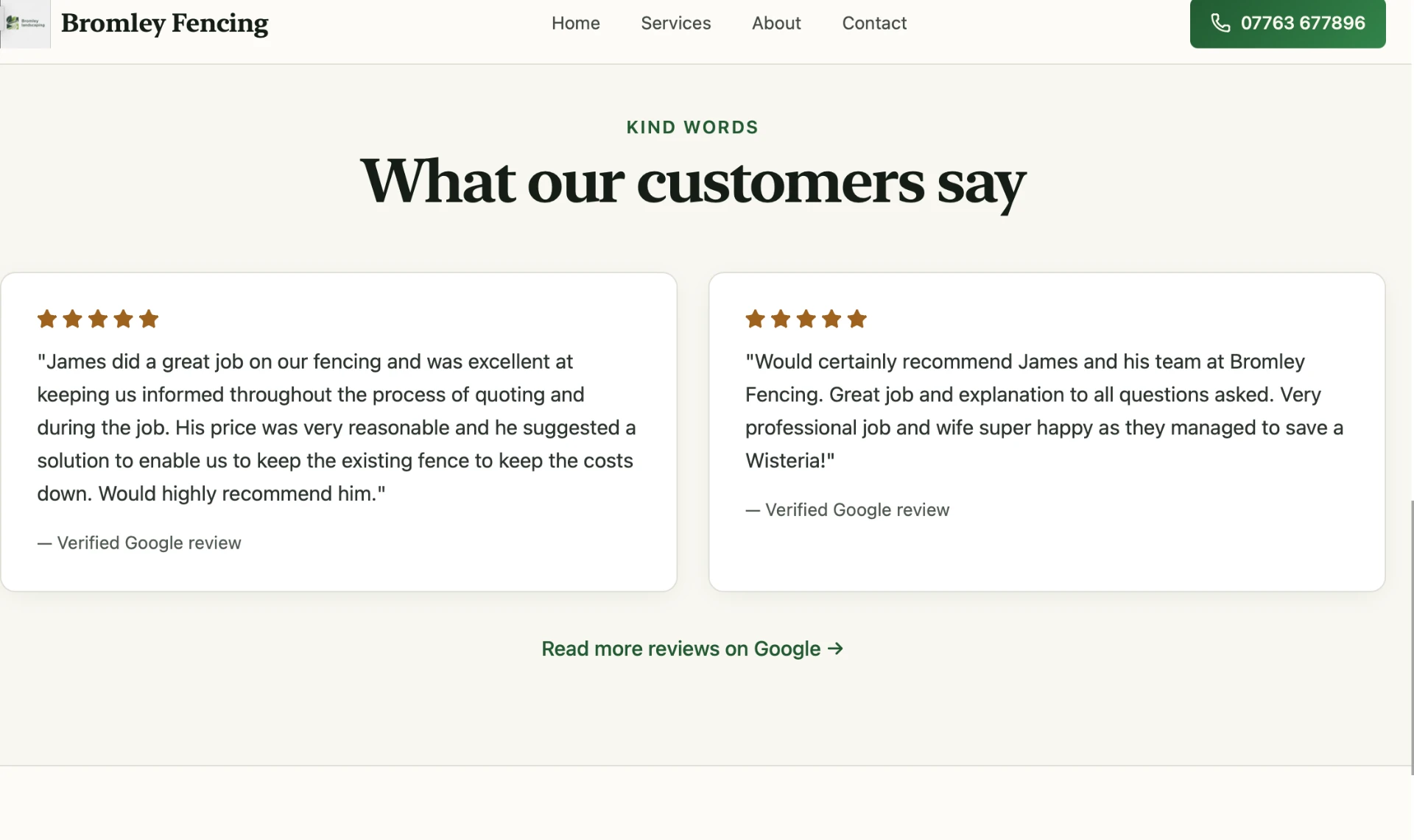Bromley Fencing Kind Words — Google reviews pulled in automatically by Elevate Digital